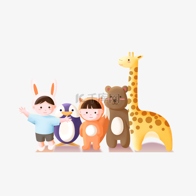 可爱卡通小动物与小朋友