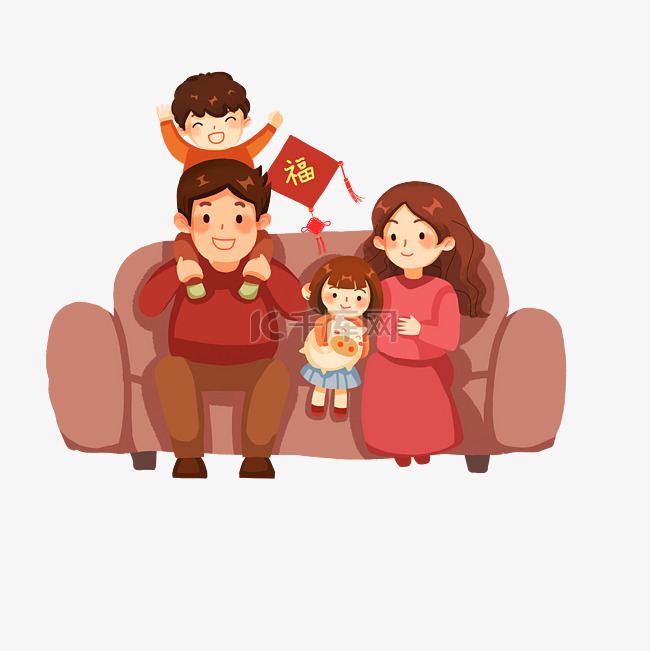 春节一家人沙发合影爸爸妈妈女儿