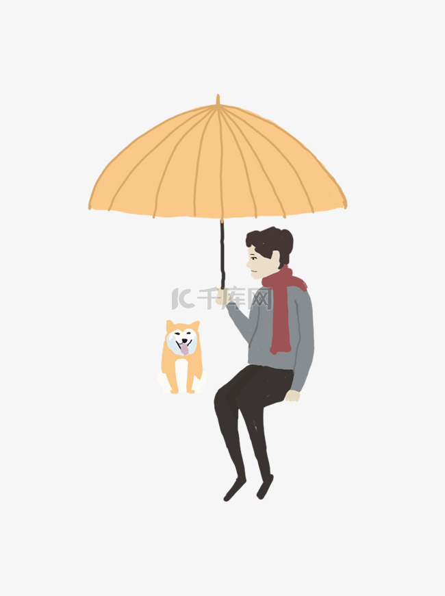 手绘卡通男孩给狗狗打着伞元素