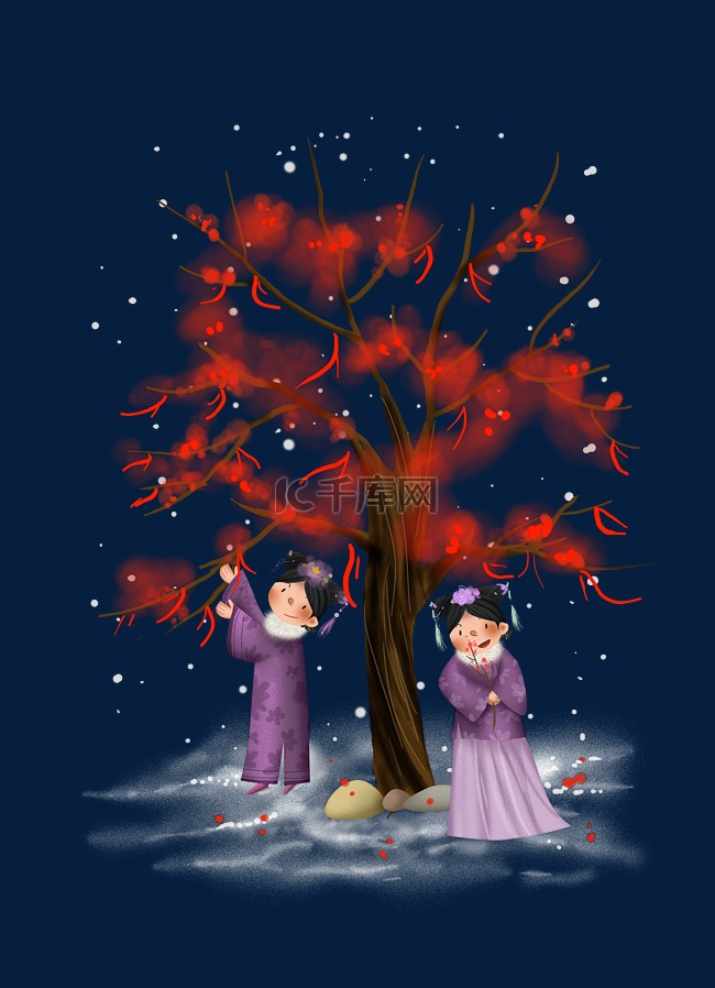 中国风冬天梅花树下祈福的宫女