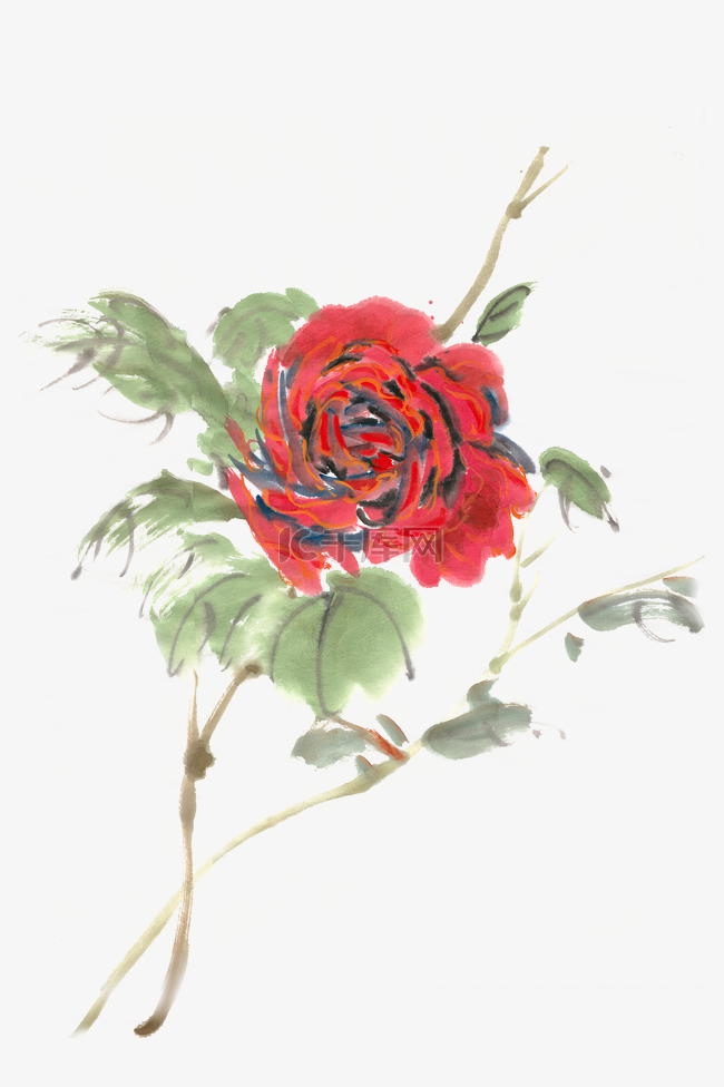红色玫瑰水墨画PNG免抠素材