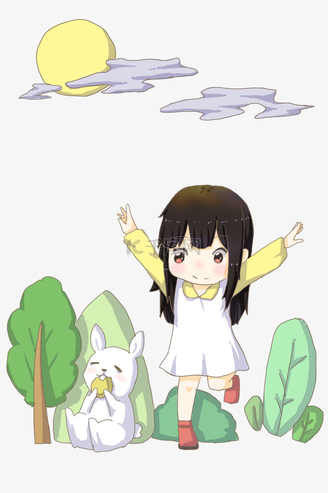 中秋节小女生和兔子卡通
