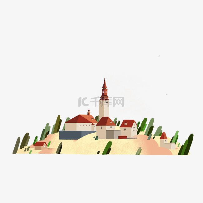 欧洲小镇教堂山顶海报边框底部边