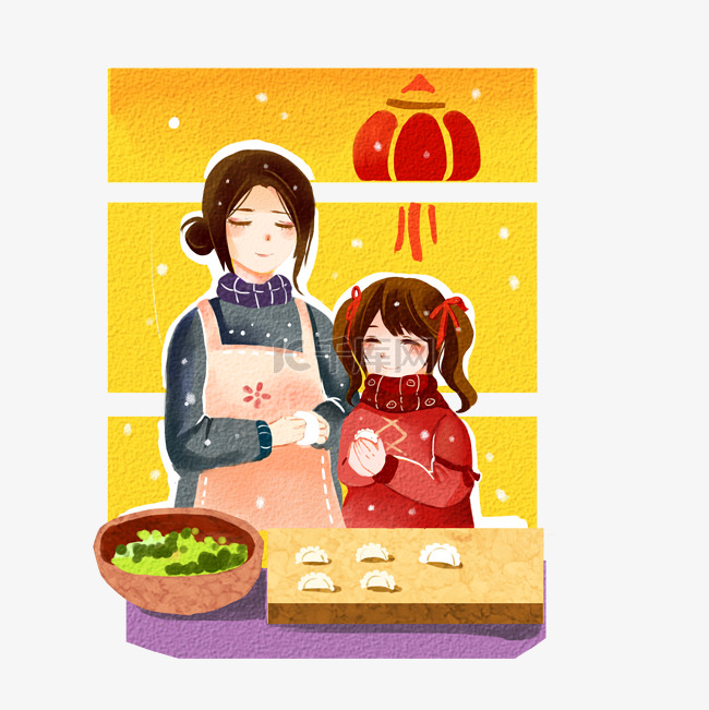 春节暖色系母女包饺子手绘卡通p