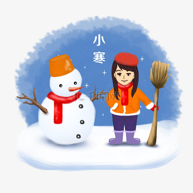 小寒节气手绘图女孩雪人