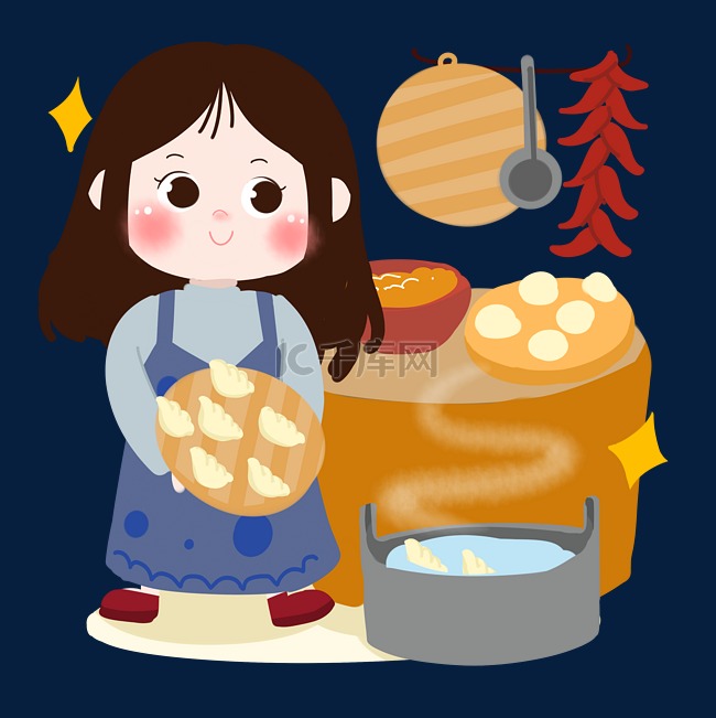女孩煮饺子