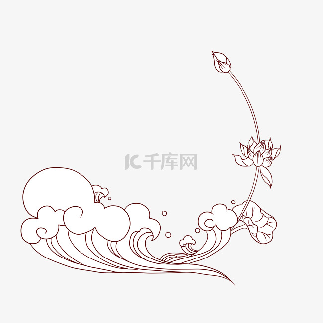 线描水浪荷花边框