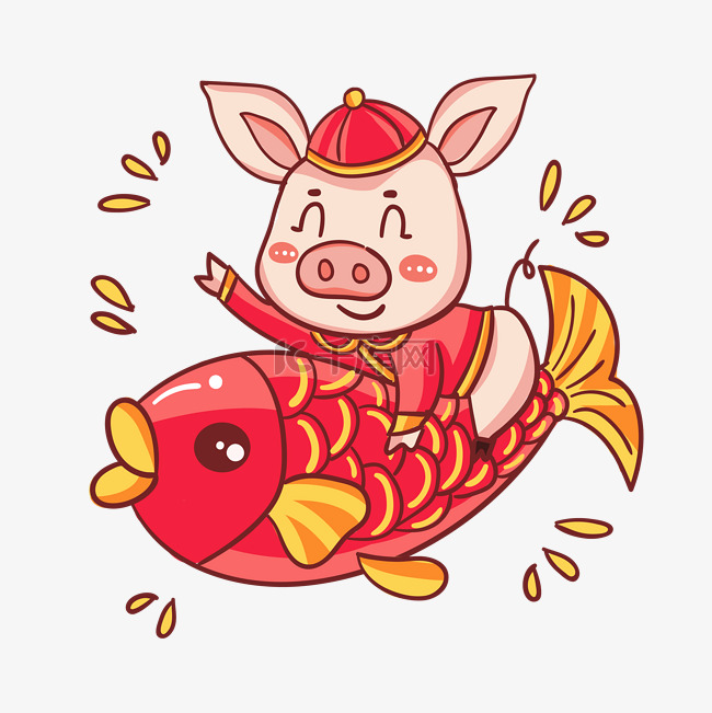 春节红色卡通猪年年有余