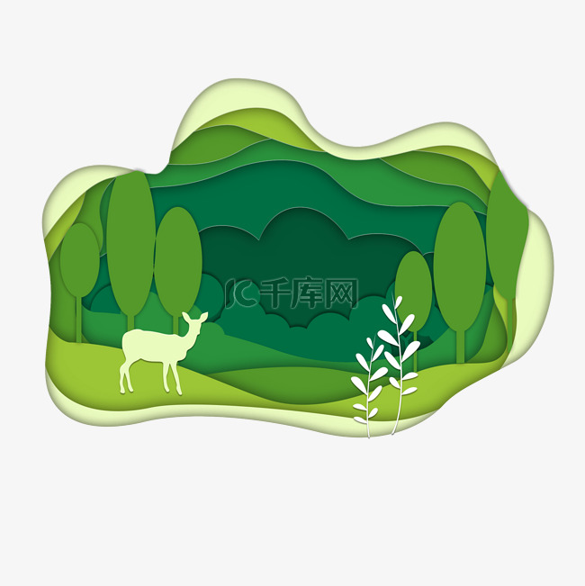 纸艺效果绿色渐变森林小鹿矢量图