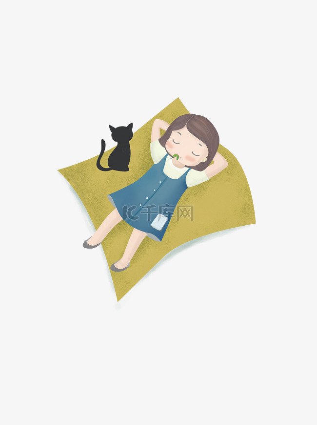 躺着的女孩和猫咪图案元素