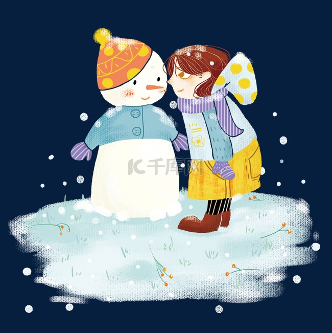 冬季冬天节气冬装卡通雪人和小女