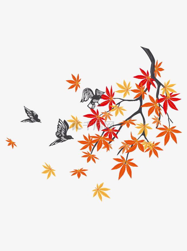 手绘秋天的喜鹊和红叶