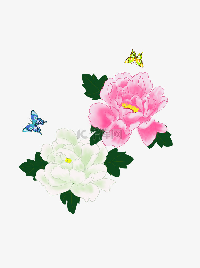 手绘牡丹花蝴蝶植物花卉花朵元素