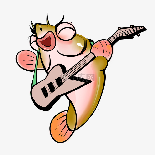 可爱手绘弹吉他的鱼卡通美食形象