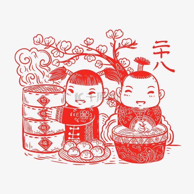 春节红色剪纸年俗腊月二十八png