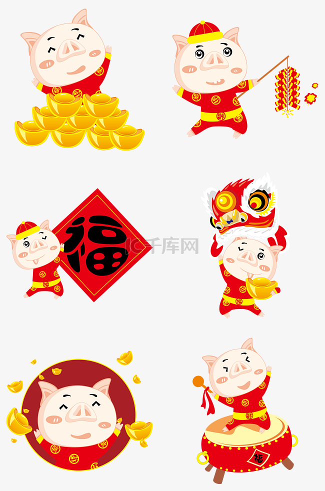 新年猪系列春节过年大红色系卡通