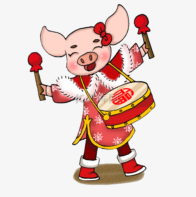 卡通手绘打鼓迎新年的可爱小猪创