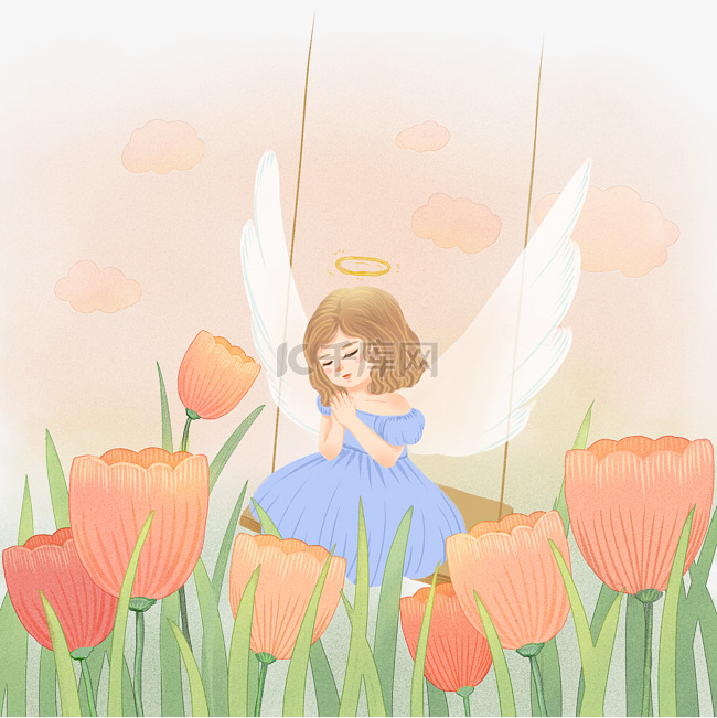 手绘可爱花丛中的小天使