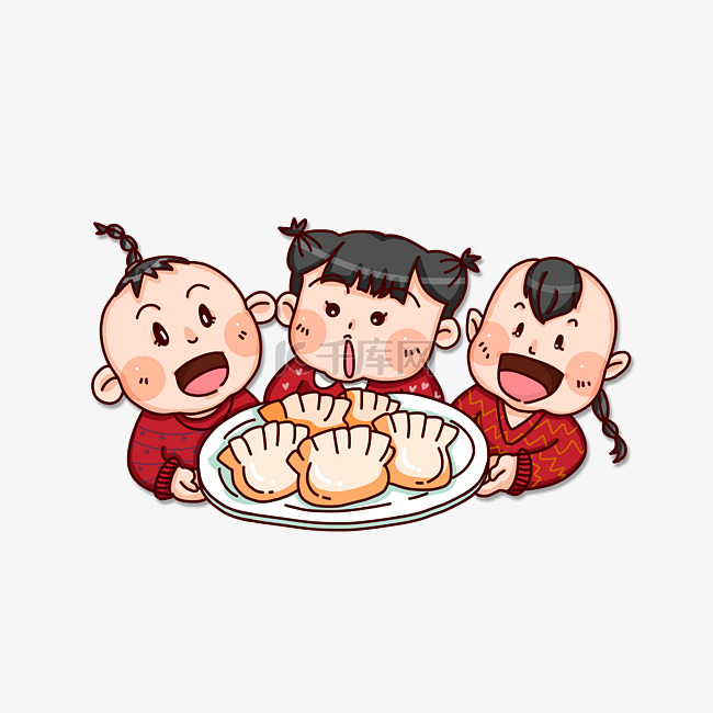 卡通手绘可爱小朋友吃饺子