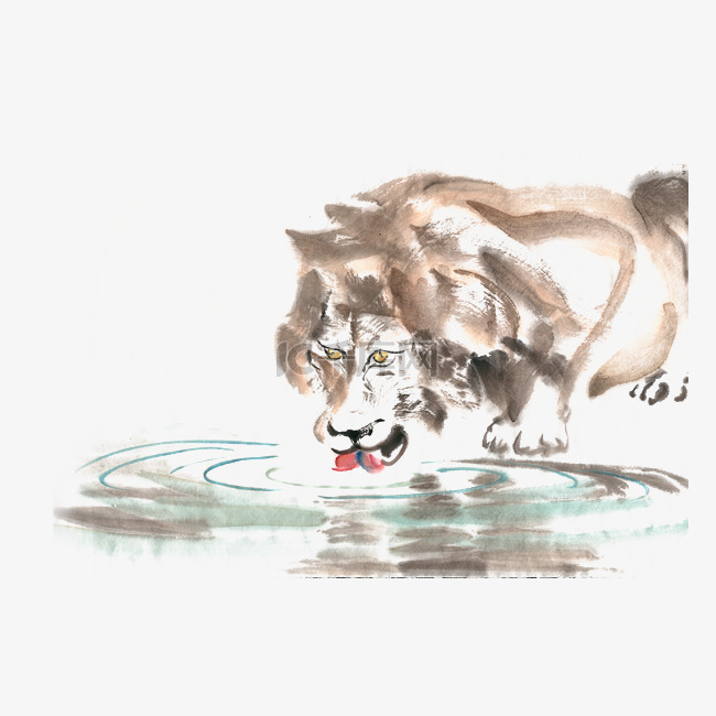 河边喝水的狮子水墨画PNG免抠