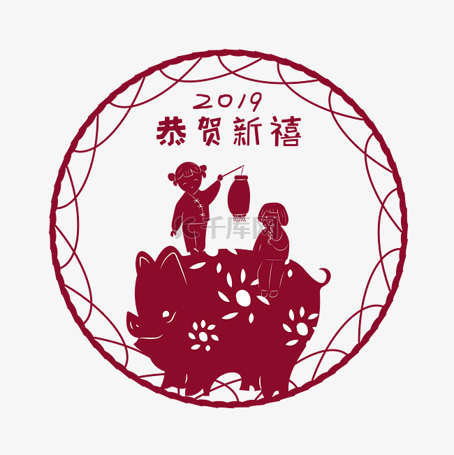 2019新年红色系剪纸猪与女孩