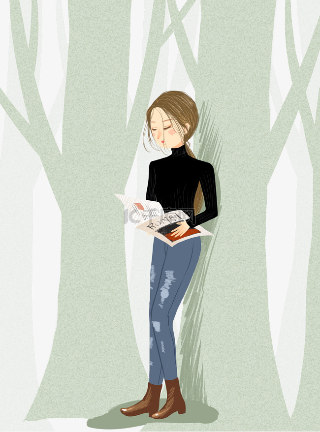 热爱学习靠树看书女孩