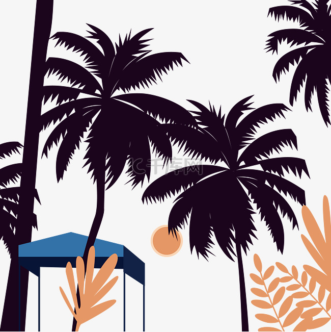扁平风格插画手绘热带雨林沙滩海
