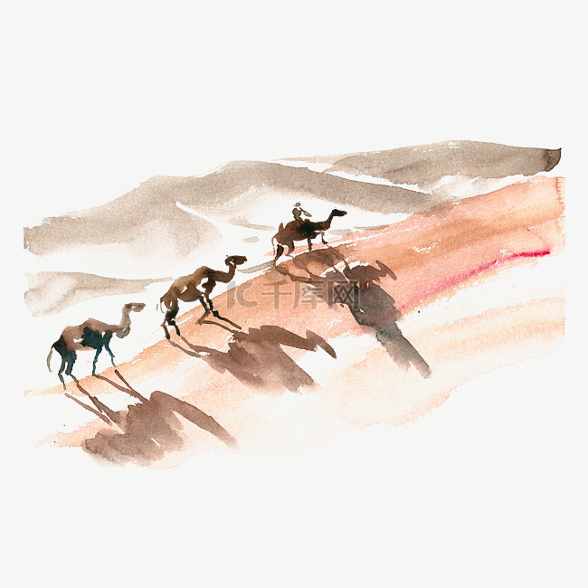 沙漠骆驼水彩画PNG免抠素材