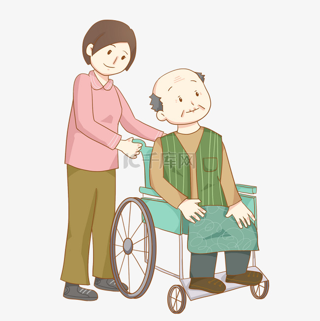 重阳节照顾坐在轮椅上的老人免抠