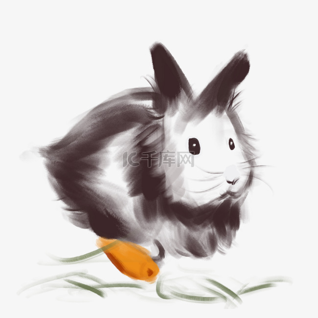 手绘水墨可爱黑白小兔子