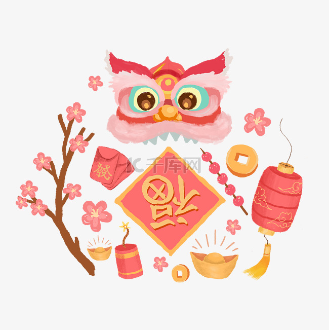 春节喜庆年俗粉色桃色可爱手绘装