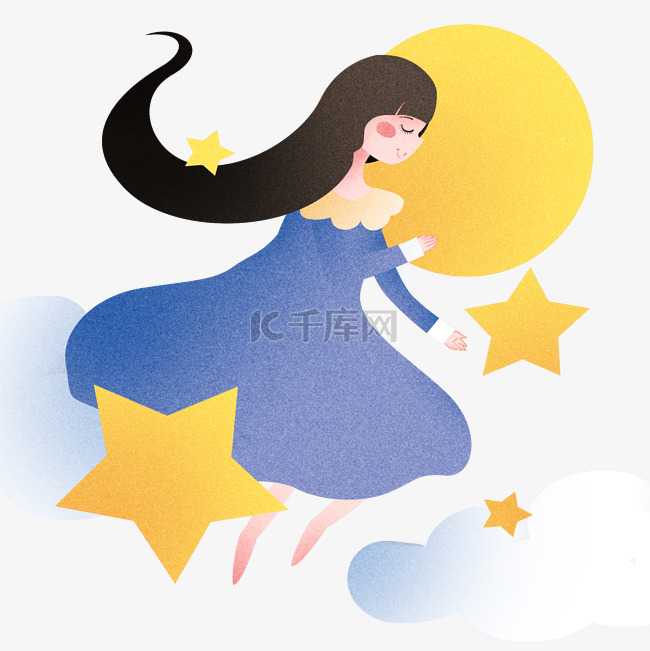 躺在月亮上睡觉的女孩插画