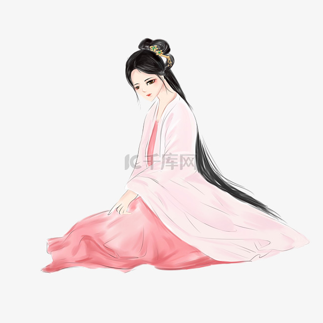 古风坐姿美女手绘插画