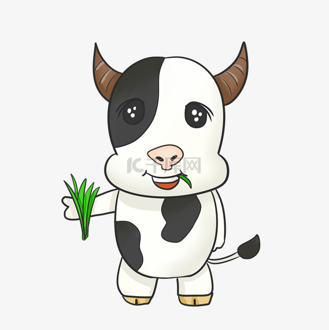 可爱小奶牛吃草插画卡通奶牛