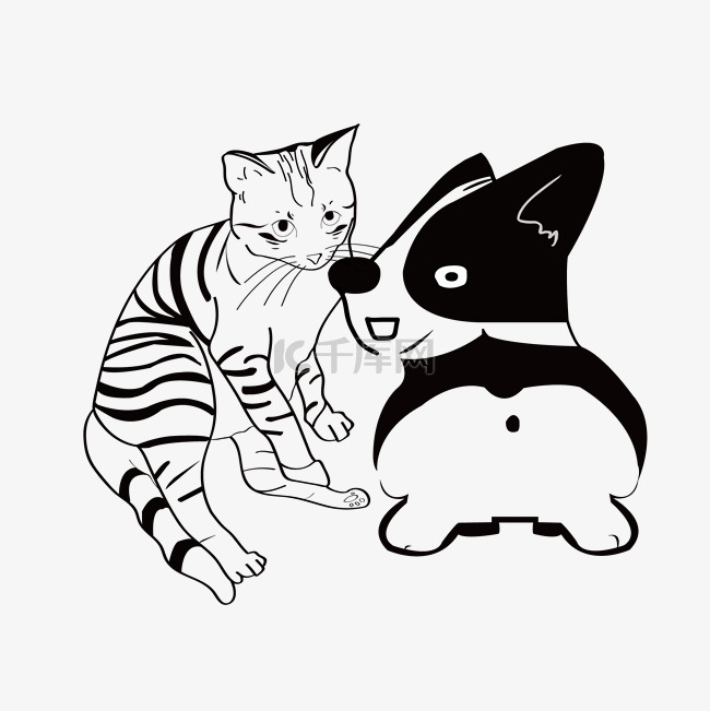 动物猫狗和谐相处黑白PNG下载