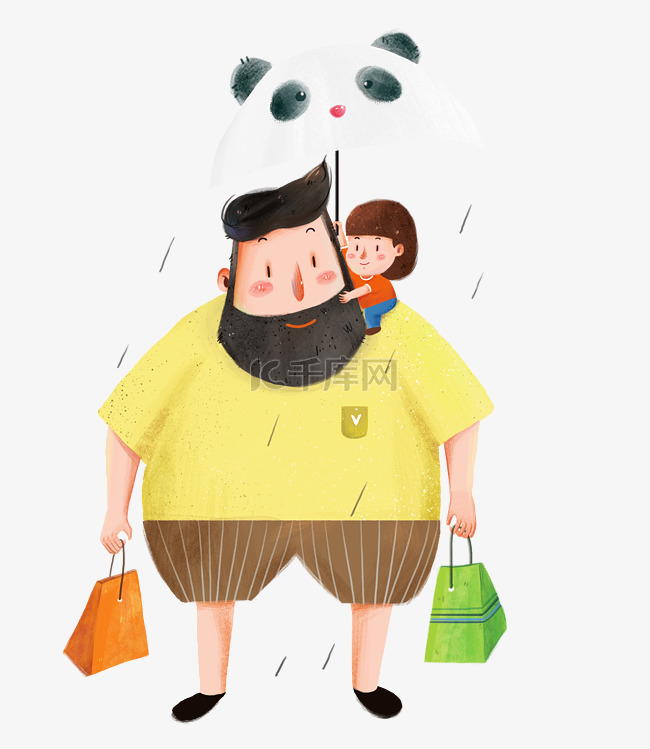 女儿与父亲雨中打伞插画