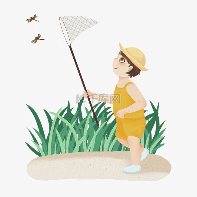 夏至捉蜻蜓的小孩手绘PNG素材
