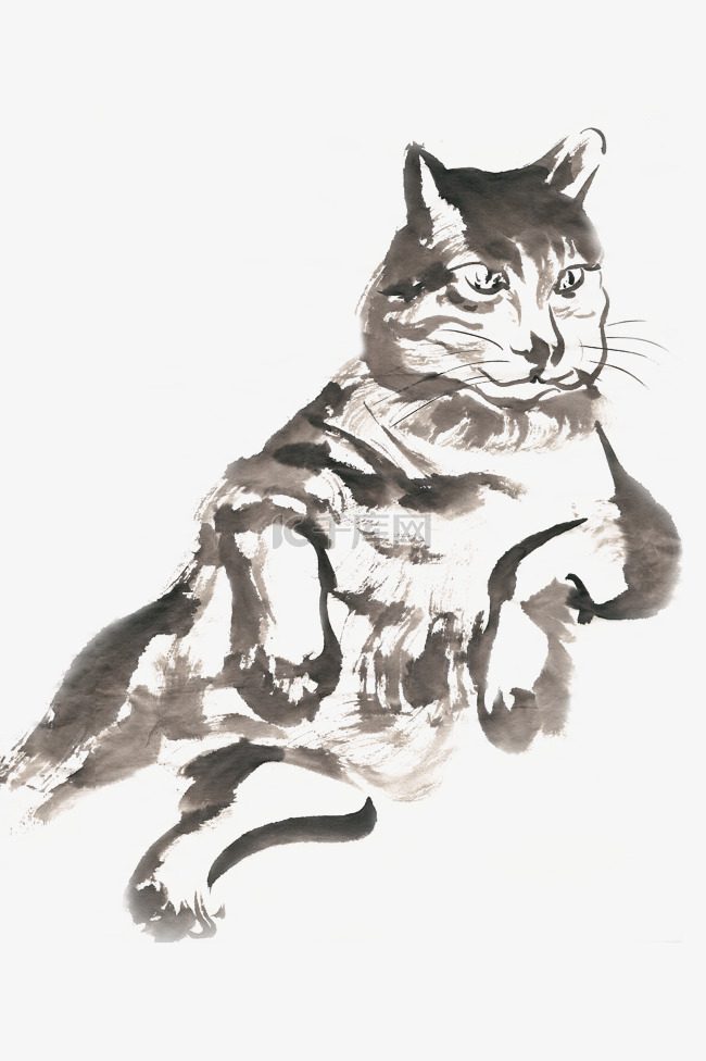斜躺着的猫水墨画PNG免抠素材