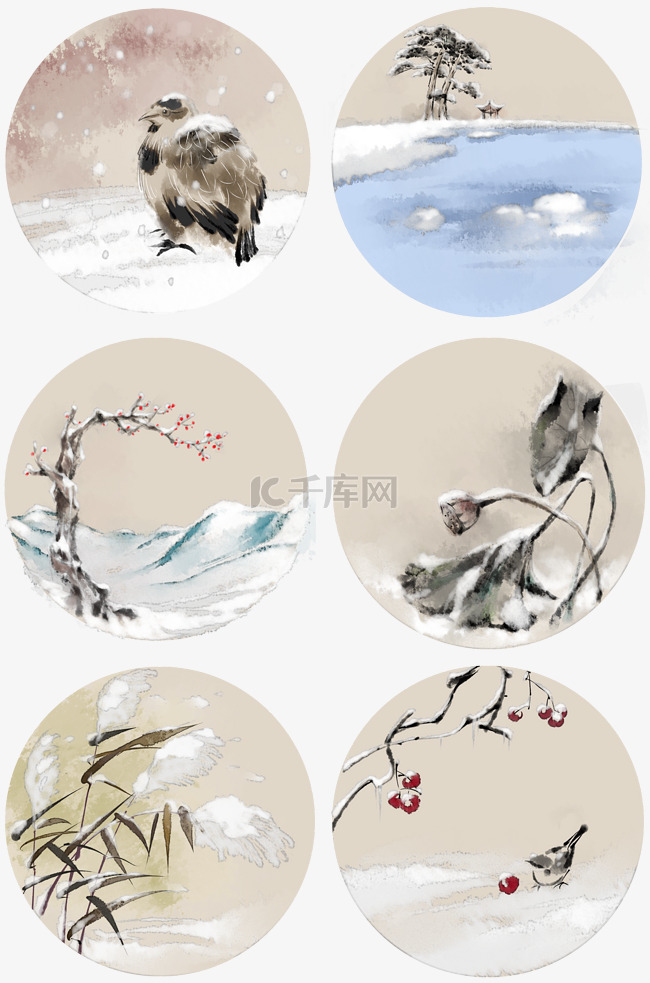 中国风水墨画冬日古典淡雅雪景
