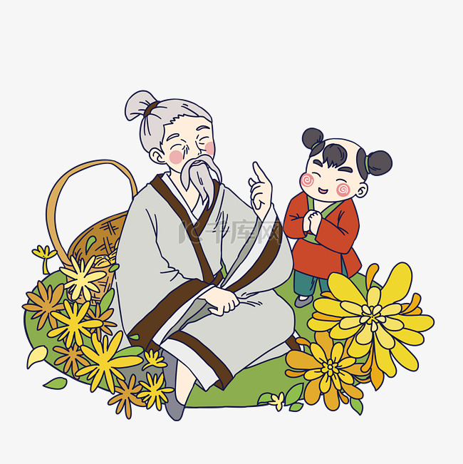 祖孙观赏菊花插画