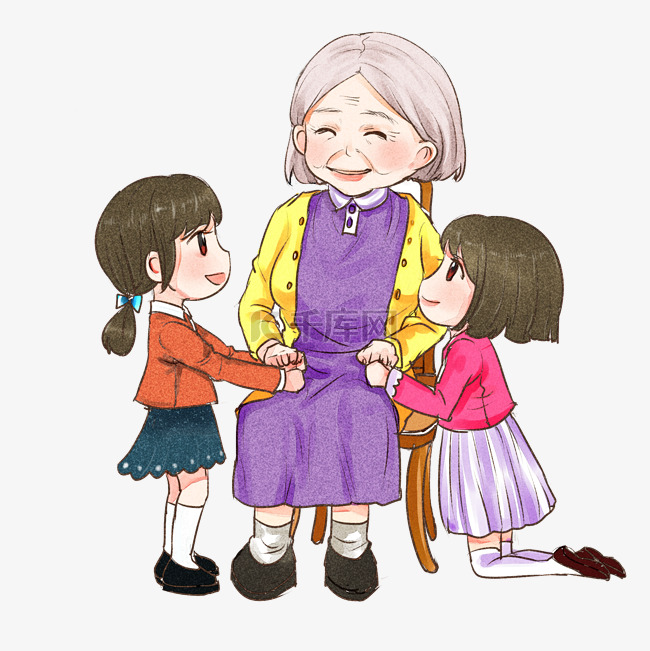 手绘卡通可爱重阳节奶奶给孙子讲