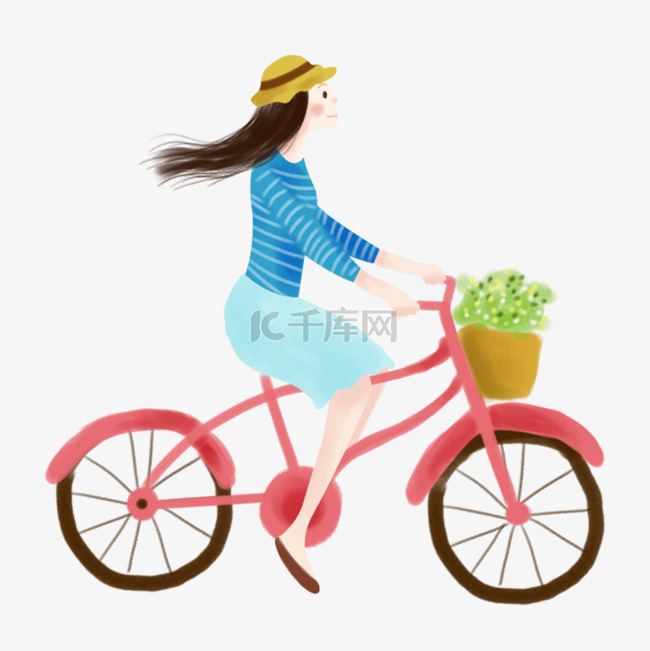 手绘踩单车的女生插画