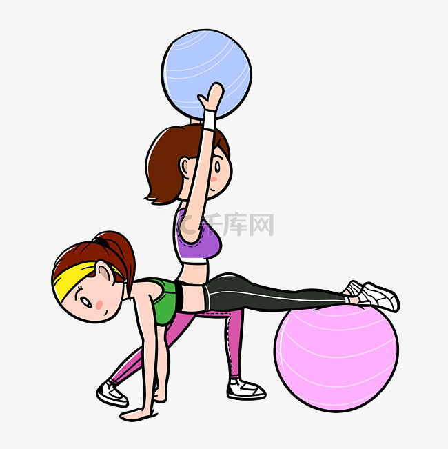 卡通健身减肥瑜伽球美女PNG透