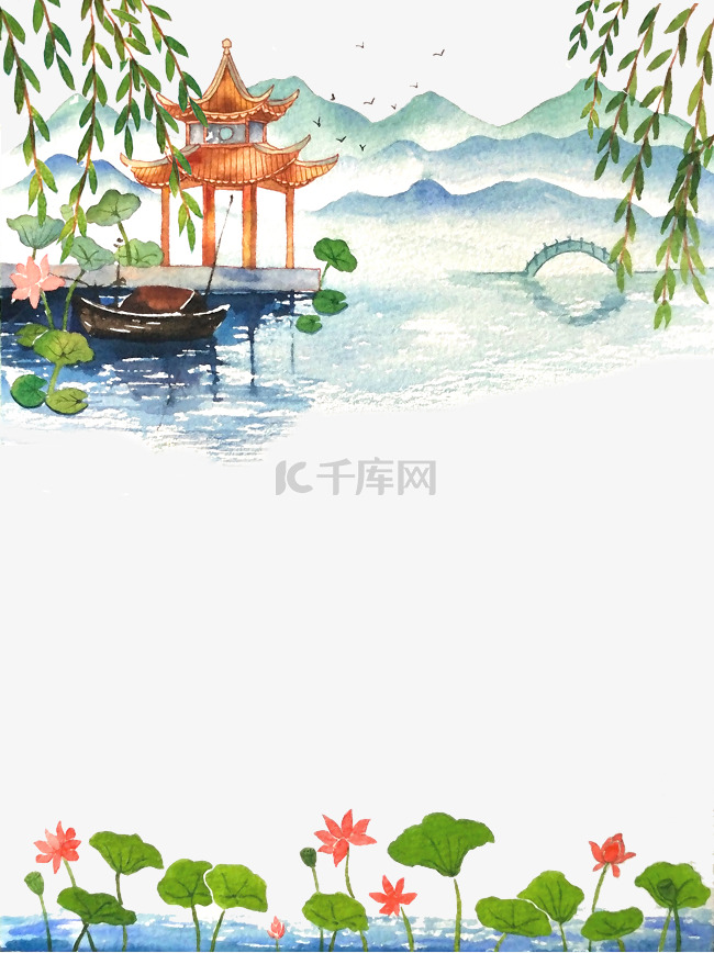 中国水彩古风夏日山水亭