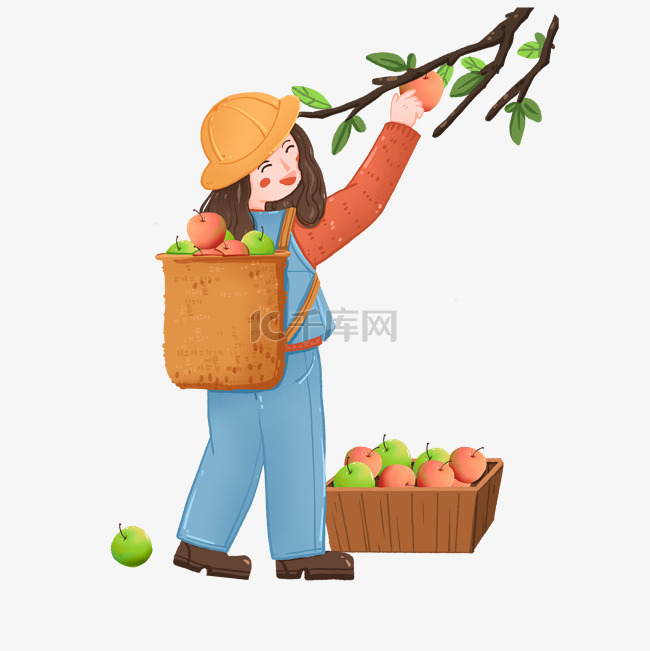 背竹篓采摘苹果的女孩