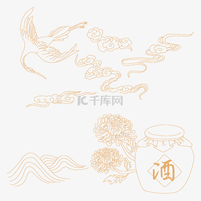 重阳仙鹤菊花线描矢量图