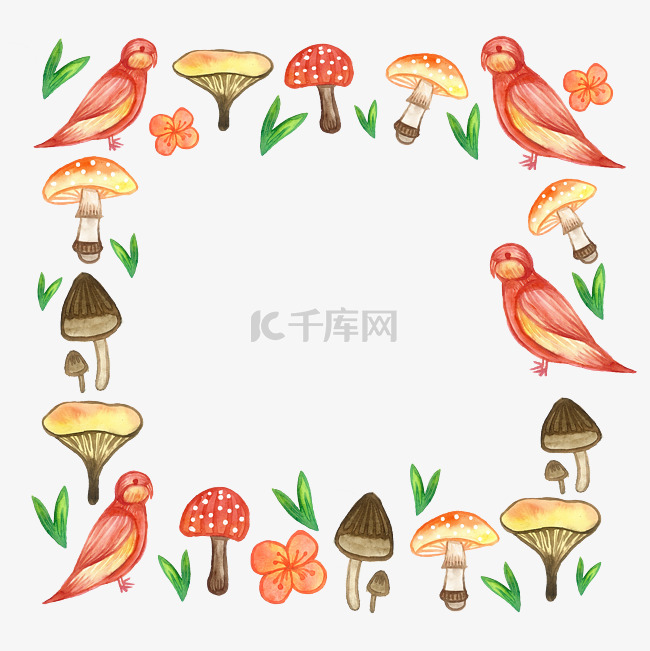 蘑菇小鸟彩绘装饰边框
