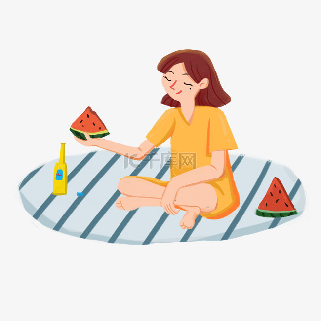 坐在地毯上吃西瓜的人