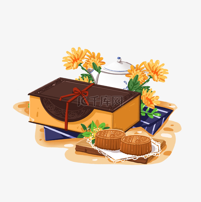 中秋节月饼礼盒菊花和茶壶组合