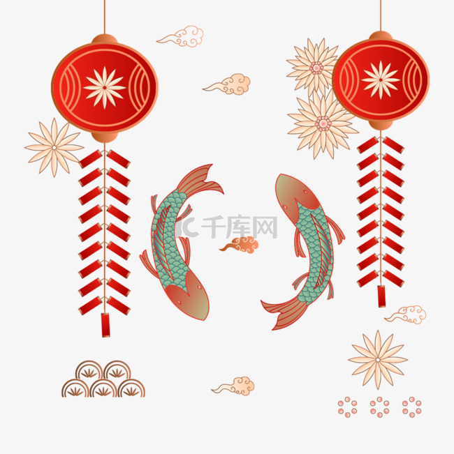 红色鞭炮灯笼绿色鲤鱼中国节日